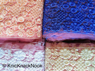 Pink Net Lace Trim With Embroidered White Flowers, Approx. 15cm Wide - 200317L174